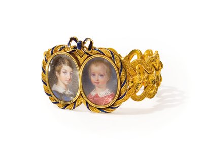 Bransoletka z dwiema miniaturami, Morel & Cie, ok.1845 (złoto, emalia i akwarela na kości słoniowej) autorstwa French School