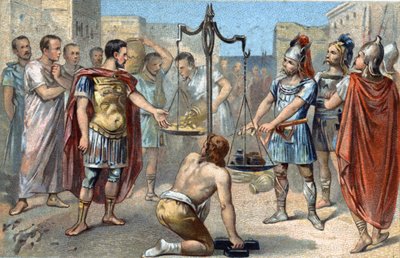 Brennus przywódca galijskiego plemienia Senonów wypowiada fatalne Vae victis (Biada pokonanym!) rzucając swój ciężki miecz na płaskowyż wagi, co stanowi przeciwwagę dla złotego hołdu, którego zażądał od Rzymian, aby wznieść oblężenie Ca autorstwa French School