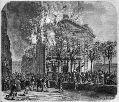 Brześć, pożar teatru 11 marca 1866 r., zbudowany w 1766 r. przez Choquarta de Lindu, rycina wg rysunku Clergeta i Moraine