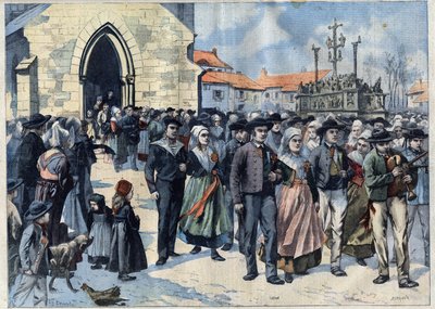 Zwyczaj bretoński: Tradycyjne małżeństwo w Plougastel (Finistere, Bretania). Małżeństwa opuszczają Kościół. Grawer w „”Le Petro Parisien”” autorstwa French School
