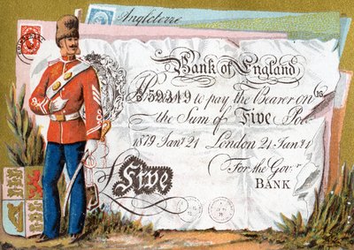 Żołnierz armii brytyjskiej strzegący pięciofuntowego banknotu Banku Anglii, 1886-95 autorstwa French School