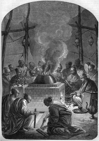 Buddyzm: spalenie tybetańskiego lamy (arcykapłana) wśród ludu Kałmuków, Rosja autorstwa French School