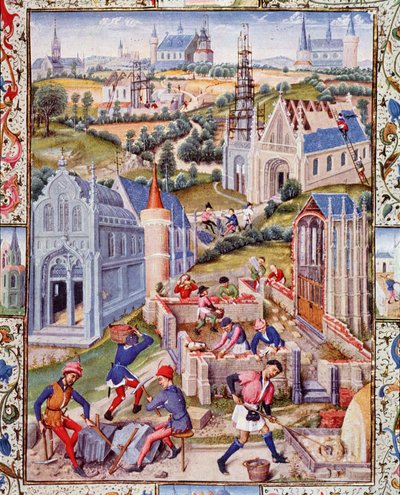 Place budowy w Saint Denis (miasto) pod budowę 12 kościołów na cześć 12 apotres. Miniatura zaczerpnięta z "Życia szlachetnego hrabiego Gerarda de Roussillon". autorstwa French School