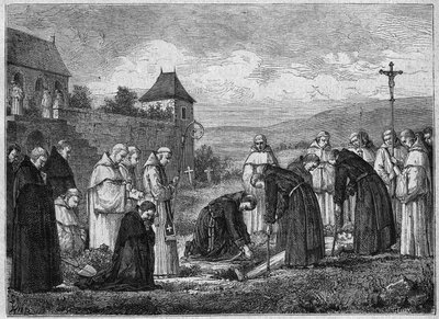 Pochówek kartuzów w opactwie Tamie w Sabaudii (wspólnota cystersów). Grawerowanie z 1875 roku. autorstwa French School
