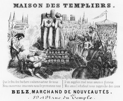 Spalenie templariuszy, właściciel rachunku w sklepie sukienniczym, Maison des Templiers, Bełz, rue du Temple, Paryż, ok. 1840 autorstwa French School