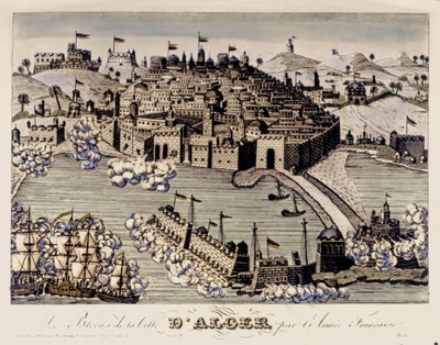 KOLONIALIZM: Blokada miasta Algier przez armię francuską. 1830 (kolorowa rycina) autorstwa French School