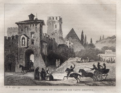 Piramida Caiusa i Brama św. Pawła w Rzymie Porte Saint Paul i Piramida Caiusa Sekstusa Rzym - Rycina z „” Malownicze Włochy”” – Historyczne i opisowe malarstwo Włoch”” M. de Norvins, Ch. Nodier 1834-1836. autorstwa French School
