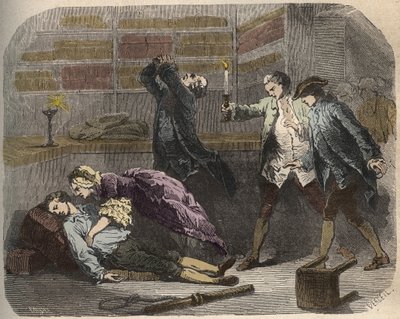 Sprawa Calas: 13 października 1761 Marc Antoine Calas znaleziony martwy w rodzinnym butiku w Tuluzie - Grawer w „Causes celebres de tous les peuples” Armanda Fouquiera (1817-18?) 1858-1867 - kolekcja prywatna autorstwa French School