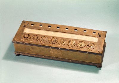Maszyna licząca wynaleziona przez Blaise Pascal (1623-62) (drewno i metal) autorstwa French School