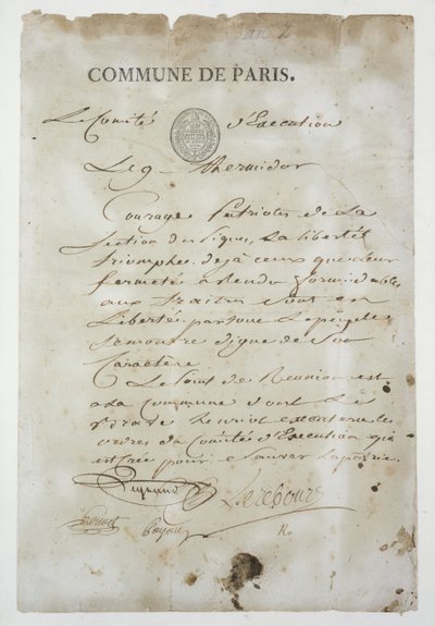 Wezwanie Maximiliena de Robespierre (1758-94) do wstąpienia do Komuny, 9 Thermidor An 2 (27 lipca 1794) (pióro i atrament na papierze) autorstwa French School