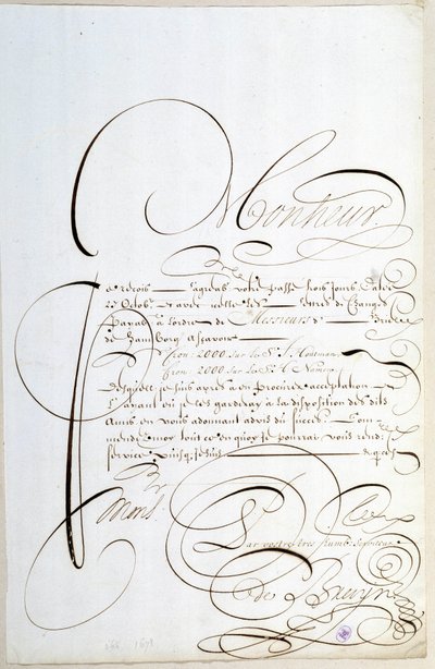 Kaligrafia: List z kontami wykaligrafowany około 1678 roku przez Francois de Bruyn. autorstwa French School