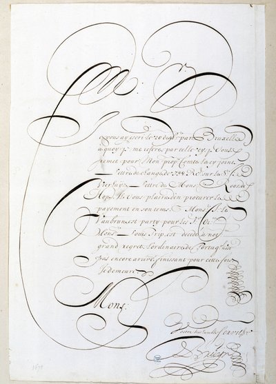 Kaligrafia: List z kontami wykaligrafowany około 1678 roku przez Francois de Bruyn. Biblioteka Historyczna Miasta Paryża autorstwa French School