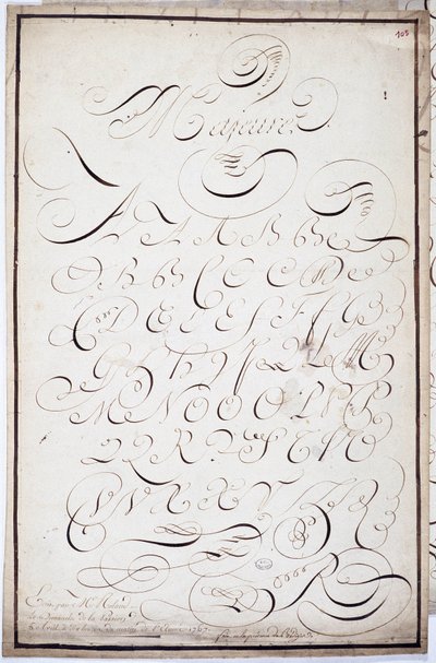 Kaligrafia: Tabliczka z dużymi literami zwana major batardes, kaligrafowana 5 kwietnia autorstwa French School