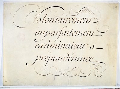 Kaligrafia: fragment rękopisu około 1670 autorstwa Andre Francois Rolanda. „celowo, niedoskonale, egzaminatorzy, przewaga””. autorstwa French School