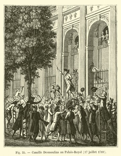 Camille Desmoulins w Palais-Royal, 17 lipca 1789 autorstwa French School
