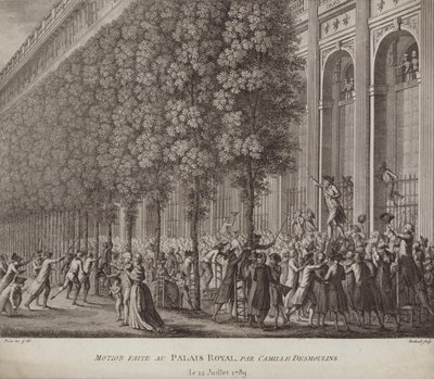 Camille Desmoulins dostarczający wezwanie do broni do ludzi w Palais Royal w Paryżu autorstwa French School