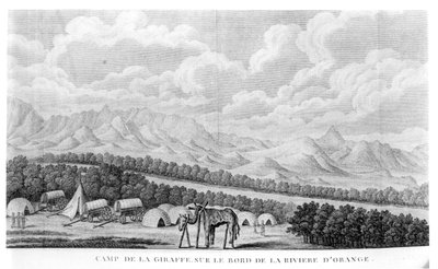 Camp Giraffe nad brzegiem rzeki Orange, z tomu 2 Second Voyage dans linterieur de lAfrique Francois Le Vaillant (1753-1824) wydanej w 1796 r. autorstwa French School