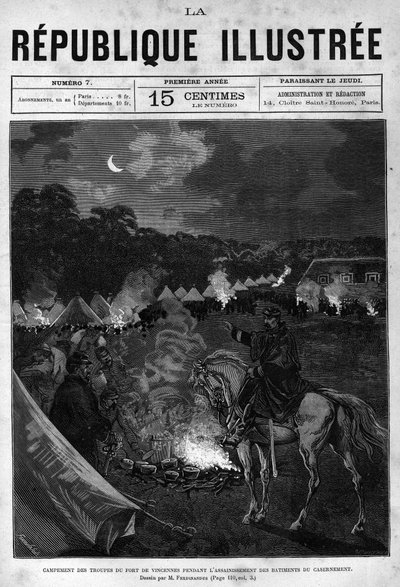 Obóz wojsk Fort de Vincennes podczas porządkowania budynków kwaterunkowych. Gazeta. Rycina z 1880 r. w prywatnej kolekcji „La republique illustree”. autorstwa French School