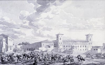 Kampania włoska: widok buntu miasta Paryża przeciwko francuskiej okupacji w maju 1796 r. Anonimowy rysunek. Paryż, Muzeum Luwr autorstwa French School