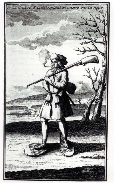 Kanadyjczyk w rakietach śnieżnych idący na wojnę na śniegu, z Histoire de lAmerique septentrionale Bacqueville de La Potherie (1663-1736) wydany w 1753 r. autorstwa French School