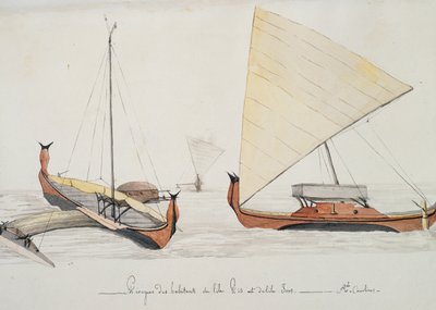 Kajaki mieszkańców wysp Pis i Iros (Wyspy Karolinskie), akwarela Jules-Louis Lejeune, z Podróży Duperreya autorstwa French School
