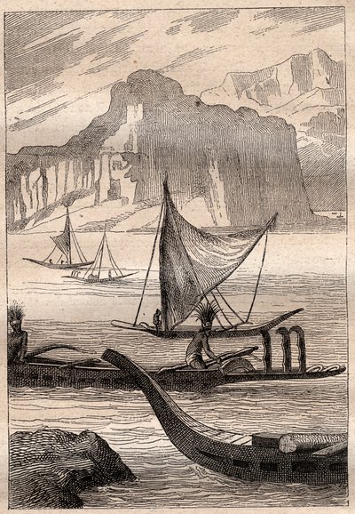 Kajaki Wysp Markizowych - ilustracja zaczerpnięta z „Wielkich Marynarzy XVIII wieku”” autorstwa French School
