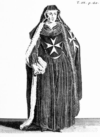 Kanoniczka Zakonu św. Jana Jerozolimskiego w okresie rodyjskim, ilustracja z „Histoire et Costumes des Ordres Monastiques” Pierre