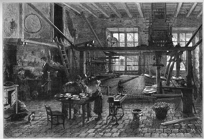 Warsztaty Canut. Wnętrze warsztatu tkacza jedwabiu w Lyonie w czasie kryzysu końca XIX wieku. Grawer w „”Le Monde Illustré””n°1039 z 10 marca 1877 r. autorstwa French School