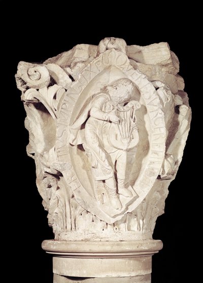 Kapitał przedstawiający Trzeci Klucz Plainsong z lutnią, ok. 1095 autorstwa French School