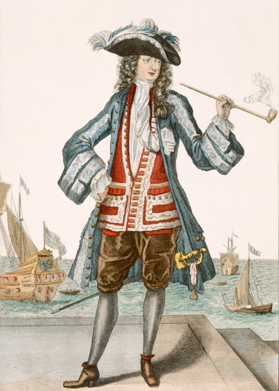 Kapitan Jean Bart z Dunkierki 88: Le Capitaine Jean Baert de Dunquerque, kapitan floty, stoi i pali długą fajkę w dokach; Jean Bart (1651-1702), flamandzki marynarz w autorstwa French School