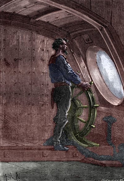 Kapitan Nemo za sterami okrętu Nautilus, z "Twenty Thousand Lieues Sous Les Mers" Juliusza Verne