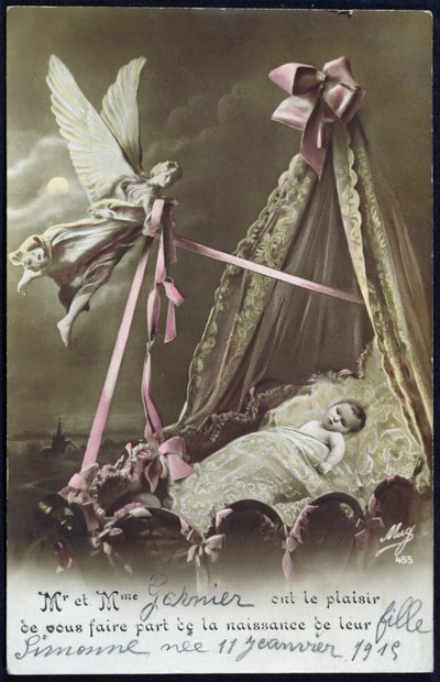 Kartka informująca o narodzinach dziecka, 11 stycznia 1915 (zdjęcie kolorowe) autorstwa French School