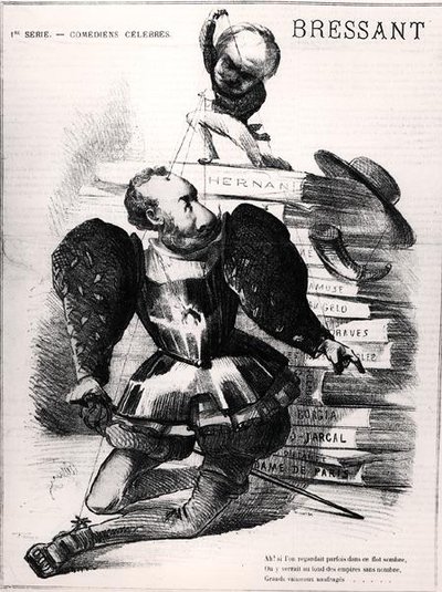 Karykatura Jeana Baptiste Francois Bressant (1815-86) jako Don Carlos w „Hernani” Victora Hugo (1802-85), ilustracja na okładkę „Le Masque”, 27 sierpnia 1867 (rycina) (zdjęcie czarno-białe) autorstwa French School