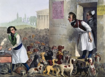 Karykatura paryżan zajmujących się wściekłymi psami, ok. 1840 r. autorstwa French School