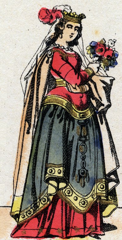 Dynastia Karolingów: Portret Hildegardy z Vintzgau (w. 758-783), żony Karola Wielkiego lub Karola Wielkiego (Carolus Magnus, 742-814). Obrazowanie epinal z końca XIX wieku. Prywatna kolekcja. autorstwa French School