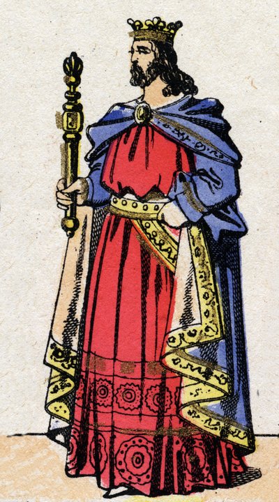Dynastia Karolingów: Portret Ludwika IV zwanego Outremer (921-954), króla franków od 936 do 954. Obrazowanie epinal z końca XIX wieku. Prywatna kolekcja. autorstwa French School