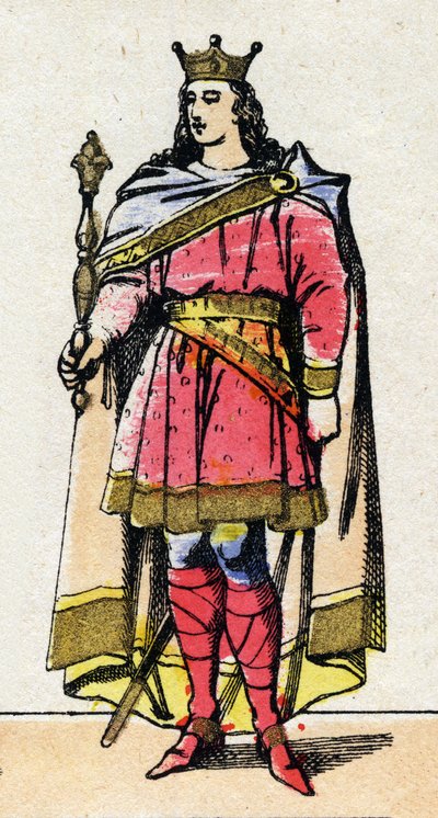 Dynastia Karolingów: Portret Ludwika V dit le Faineant (967-987), króla Franków od 986 do 987. Obrazowanie epinal z końca XIX wieku. Prywatna kolekcja. autorstwa French School