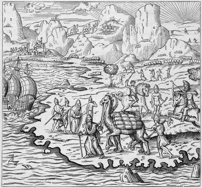 Przewóz towarów na wielbłądach do załadunku statków opuszczających grecką ladę w Aleksandrii do Europy. Grawerowanie w „La Marine et les colonies: commerce” autorstwa French School