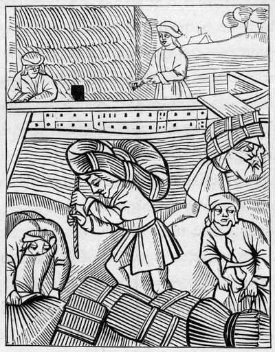 Nośniki siana w średniowieczu. Grawerowanie w „La Marine et les colonies: commerce” autorstwa French School