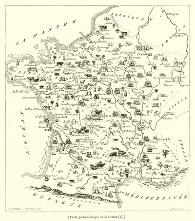 Mapa gastronomiczna Francji (grawerowanie) autorstwa French School