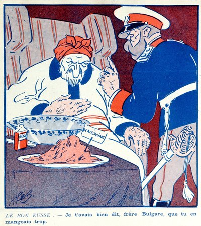 Karykatura krytykująca chciwe zachowanie Bułgarii w związku z podziałem Macedonii podczas wojen bałkańskich 1912-13 autorstwa French School