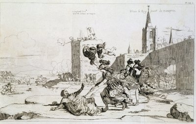 Kreskówka przedstawiająca Mademoiselle de Montpensier (Grande Mademoiselle) „”wymiatająca z Francji Mazarin i jego zwolennicy”” autorstwa French School