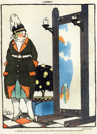 Komiks przedstawiający Niemkę rozczarowaną, że nie może kupić swoich nowych ubrań w Paryżu na rue de la Paix, z wydania magazynu La Baionette w Prima Aprilis (Poisson dAvril), 29 marca autorstwa French School