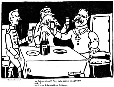 Karykatura przedstawiająca niemieckiego żołnierza i jego ojca z satyryczną aluzją do niemieckiej katastrofy nad Marną, z wydania primaaprilisowego (Poisson dAvril) magazynu La Baionette, 29 marca 19 autorstwa French School