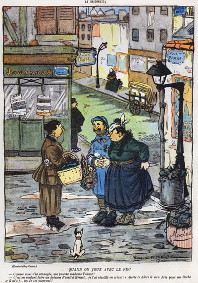 Karykatura przedstawiająca wynik próby skłaniania męża przez żonę do oszustwa, z wydania Prima Aprilis (Poisson dAvril) magazynu La Baionette, 29 marca 1917 autorstwa French School