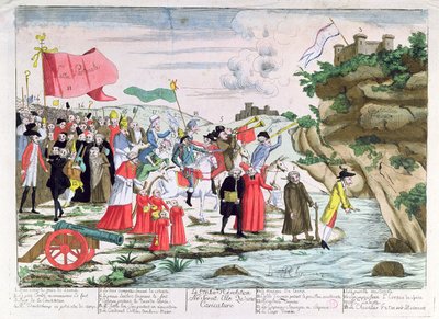 Komiks wyśmiewający francuskiego duchowieństwa i arystokratów, którzy schronili się w Niemczech podczas rewolucji, ok. 1792 r. autorstwa French School