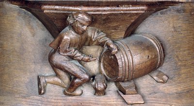 Rzeźba przedstawiająca mężczyznę stukającego beczkę, ze straganu chóru z opactwa St. Lucien w Beauvais (drewno) autorstwa French School