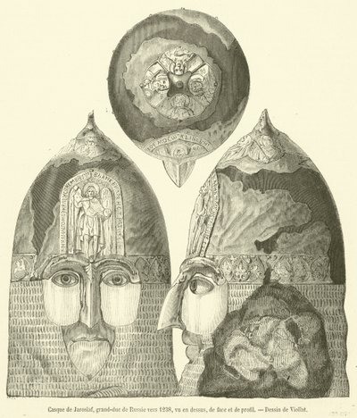 Hełm Jarosława Wielkiego Księcia Ruskiego ok. 1238, widziany z góry, z przodu iz profilu (rycina) autorstwa French School