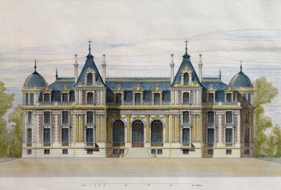Zamek Neuflize należący do Braci Pate, fasada ogrodowa, ilustracja z Le Moniteur des architectes, 1884, ryt F. Penel (kolorystyka) autorstwa French School