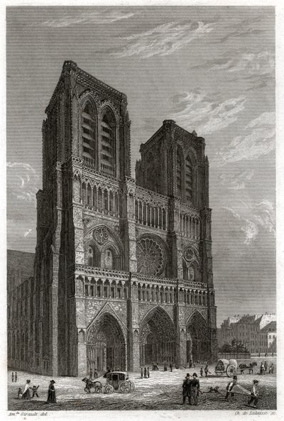 Katedra Notre-Dame de Paris. (grafika, ok. 1850) autorstwa French School